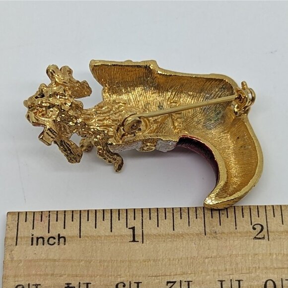 Vintage Signed MYLU Christmas Stocking Brooch Poodle Dog Rhinestones Gold Tone - Picture 2 of 3